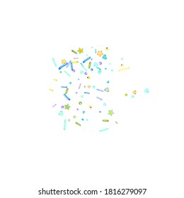 Sprinkles grainy. Cupcake donuts, dessert, sugar, bakery background. Sweet confetti on white chocolate glaze background. Vector Illustration sprinkles holiday designs, party, birthday, invitation.
