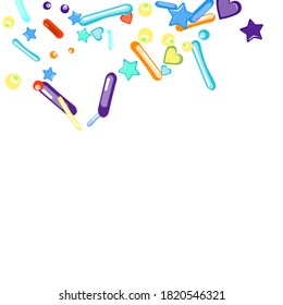 Sprinkles grainy. Cupcake donuts, dessert, sugar, bakery background. Sweet confetti on white chocolate glaze background. Vector Illustration sprinkles holiday designs, party, birthday, invitation.