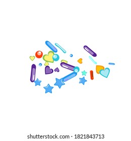 Sprinkles grainy. Cupcake donuts, dessert, sugar, bakery background. Sweet confetti on white chocolate glaze background. Vector Illustration sprinkles holiday designs, party, birthday, invitation.