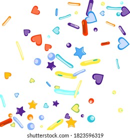 Sprinkles grainy. Cupcake donuts, dessert, sugar, bakery background. Sweet confetti on white chocolate glaze background. Vector Illustration sprinkles holiday designs, party, birthday, invitation.