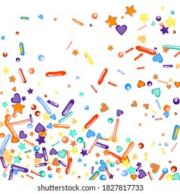 Sprinkles grainy. Cupcake donuts, dessert, sugar, bakery background. Sweet confetti on white chocolate glaze background. Vector Illustration sprinkles holiday designs, party, birthday, invitation.