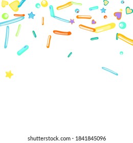 Sprinkles grainy. Cupcake donuts, dessert, sugar, bakery background. Sweet confetti on white chocolate glaze background. Vector Illustration sprinkles holiday designs, party, birthday, invitation.