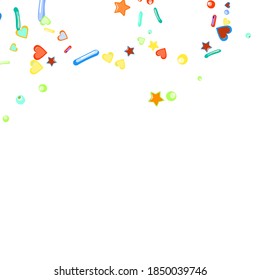 Sprinkles grainy. Cupcake donuts, dessert, sugar, bakery background. Sweet confetti on white chocolate glaze background. Vector Illustration sprinkles holiday designs, party, birthday, invitation.