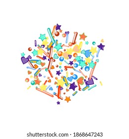 Sprinkles grainy. Cupcake donuts, dessert, sugar, bakery background. Sweet confetti on white chocolate glaze background. Vector Illustration sprinkles holiday designs, party, birthday, invitation.