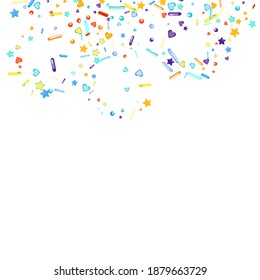 Sprinkles grainy. Cupcake donuts, dessert, sugar, bakery background. Sweet confetti on white chocolate glaze background. Vector Illustration sprinkles holiday designs, party, birthday, invitation.