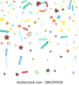 Sprinkles grainy. Cupcake donuts, dessert, sugar, bakery background. Sweet confetti on white chocolate glaze background. Vector Illustration sprinkles holiday designs, party, birthday, invitation.