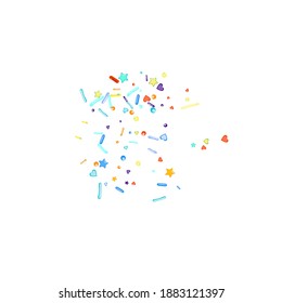 Sprinkles grainy. Cupcake donuts, dessert, sugar, bakery background. Sweet confetti on white chocolate glaze background. Vector Illustration sprinkles holiday designs, party, birthday, invitation.