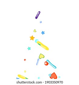 Sprinkles grainy. Cupcake donuts, dessert, sugar, bakery background. Sweet confetti on white chocolate glaze background. Vector Illustration sprinkles holiday designs, party, birthday, invitation.