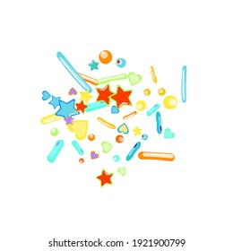 Sprinkles grainy. Cupcake donuts, dessert, sugar, bakery background. Sweet confetti on white chocolate glaze background. Vector Illustration sprinkles holiday designs, party, birthday, invitation.