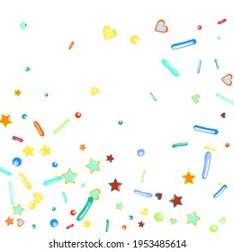 Sprinkles grainy. Cupcake donuts, dessert, sugar, bakery background. Sweet confetti on white chocolate glaze background. Vector Illustration sprinkles holiday designs, party, birthday, invitation.