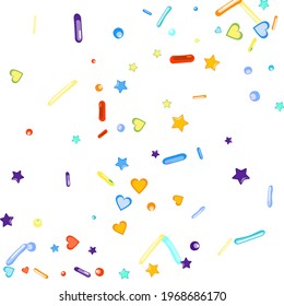 Sprinkles grainy. Cupcake donuts, dessert, sugar, bakery background. Sweet confetti on white chocolate glaze background. Vector Illustration sprinkles holiday designs, party, birthday, invitation.