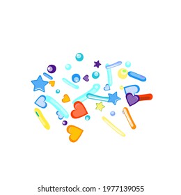 Sprinkles grainy. Cupcake donuts, dessert, sugar, bakery background. Sweet confetti on white chocolate glaze background. Vector Illustration sprinkles holiday designs, party, birthday, invitation.