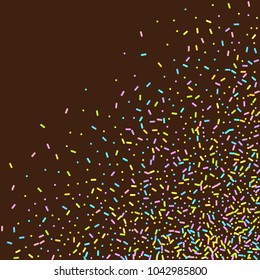 Sprinkles grainy. Sweet confetti on chocolate glaze background. Cupcake, donuts, dessert, sugar, bakery background. Vector Illustration for holiday designs, party, birthday, wedding invitation.