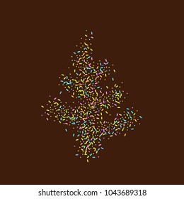 Sprinkles grainy. Sweet confetti on chocolate glaze background. Cupcake, donuts, dessert, sugar, bakery background. Vector Illustration for holiday designs, party, birthday, wedding invitation.