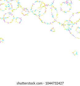 Sprinkles grainy. Sweet confetti on white chocolate glaze background. Cupcake, donuts, dessert, sugar, bakery background. Vector Illustration for holiday designs, party, birthday, wedding invitation.