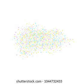 Sprinkles grainy. Sweet confetti on white chocolate glaze background. Cupcake, donuts, dessert, sugar, bakery background. Vector Illustration for holiday designs, party, birthday, wedding invitation.