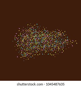 Sprinkles grainy. Sweet confetti on chocolate glaze background. Cupcake, donuts, dessert, sugar, bakery background. Vector Illustration for holiday designs, party, birthday, wedding invitation.