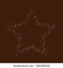 Sprinkles grainy. Sweet confetti on chocolate glaze background. Cupcake, donuts, dessert, sugar, bakery background. Vector Illustration for holiday designs, party, birthday, wedding invitation.