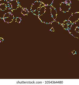 Sprinkles grainy. Sweet confetti on chocolate glaze background. Cupcake, donuts, dessert, sugar, bakery background. Vector Illustration for holiday designs, party, birthday, wedding invitation.