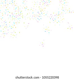 Sprinkles grainy. Sweet confetti on white chocolate glaze background. Cupcake, donuts, dessert, sugar, bakery background. Vector Illustration for holiday designs, party, birthday, wedding invitation.