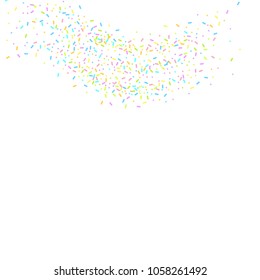 Sprinkles grainy. Sweet confetti on white chocolate glaze background. Cupcake, donuts, dessert, sugar, bakery background. Vector Illustration for holiday designs, party, birthday, wedding invitation.