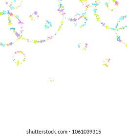 Sprinkles grainy. Sweet confetti on white chocolate glaze background. Cupcake, donuts, dessert, sugar, bakery background. Vector Illustration for holiday designs, party, birthday, wedding invitation.