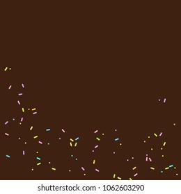 Sprinkles grainy. Sweet confetti on chocolate glaze background. Cupcake, donuts, dessert, sugar, bakery background. Vector Illustration for holiday designs, party, birthday, wedding invitation.
