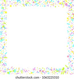 Sprinkles grainy. Sweet confetti on white chocolate glaze background. Cupcake, donuts, dessert, sugar, bakery background. Vector Illustration for holiday designs, party, birthday, wedding invitation.
