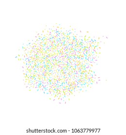 Sprinkles grainy. Sweet confetti on white chocolate glaze background. Cupcake, donuts, dessert, sugar, bakery background. Vector Illustration for holiday designs, party, birthday, wedding invitation.