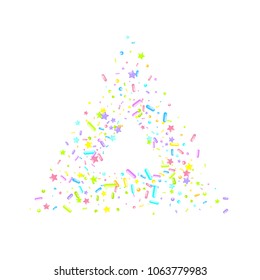 Sprinkles grainy. Sweet confetti on white chocolate glaze background. Cupcake, donuts, dessert, sugar, bakery background. Vector Illustration for holiday designs, party, birthday, wedding invitation.