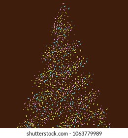 Sprinkles grainy. Sweet confetti on chocolate glaze background. Cupcake, donuts, dessert, sugar, bakery background. Vector Illustration for holiday designs, party, birthday, wedding invitation.