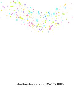 Sprinkles grainy. Sweet confetti on white chocolate glaze background. Cupcake, donuts, dessert, sugar, bakery background. Vector Illustration for holiday designs, party, birthday, wedding invitation.
