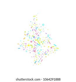 Sprinkles grainy. Sweet confetti on white chocolate glaze background. Cupcake, donuts, dessert, sugar, bakery background. Vector Illustration for holiday designs, party, birthday, wedding invitation.