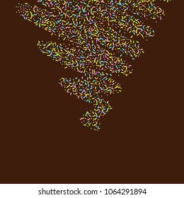 Sprinkles grainy. Sweet confetti on chocolate glaze background. Cupcake, donuts, dessert, sugar, bakery background. Vector Illustration for holiday designs, party, birthday, wedding invitation.