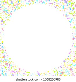 Sprinkles grainy. Sweet confetti on white chocolate glaze background. Cupcake, donuts, dessert, sugar, bakery background. Vector Illustration for holiday designs, party, birthday, wedding invitation.