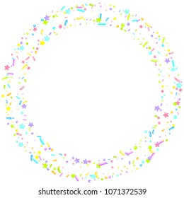 Sprinkles grainy. Sweet confetti on white chocolate glaze background. Cupcake, donuts, dessert, sugar, bakery. Vector Illustration for holiday designs, party, birthday, wedding invitation.