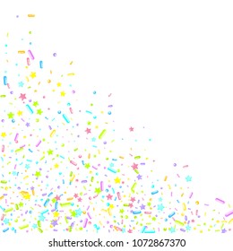 Sprinkles grainy. Sweet confetti on white chocolate glaze background. Cupcake, donuts, dessert, sugar, bakery background. Vector Illustration for holiday designs, party, birthday, wedding invitation.