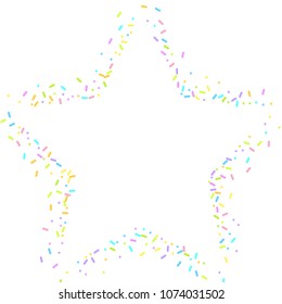 Sprinkles grainy. Sweet confetti on white chocolate glaze background. Cupcake, donuts, dessert, sugar, bakery background. Vector Illustration for holiday designs, party, birthday, wedding invitation.