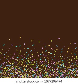 Sprinkles grainy. Sweet confetti on chocolate glaze background. Cupcake, donuts, dessert, sugar, bakery background. Vector Illustration for holiday designs, party, birthday, wedding invitation.