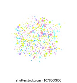 Sprinkles grainy. Sweet confetti on white chocolate glaze background. Cupcake donuts dessert sugar bakery background. Vector Illustration for holiday designs, party, birthday, wedding invitation.