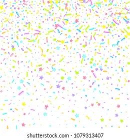 Sprinkles grainy. Sweet confetti on white chocolate glaze background. Cupcake, donuts, dessert, sugar, bakery background. Vector Illustration for holiday designs, party, birthday, wedding invitation.