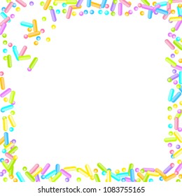 Sprinkles grainy. Sweet confetti on white chocolate glaze background. Cupcake, donuts, dessert, sugar, bakery background. Vector Illustration for holiday designs, party, birthday, wedding invitation.