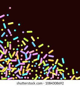 Sprinkles grainy. Sweet confetti on chocolate glaze background. Cupcake, donuts, dessert, sugar, bakery background. Vector Illustration for holiday designs, party, birthday, wedding invitation.