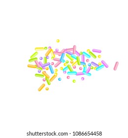 Sprinkles grainy. Sweet confetti on white chocolate glaze background. Vector Illustration for holiday designs, party, birthday, wedding invitation.