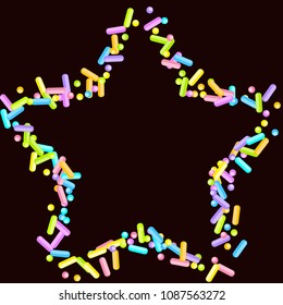 Sprinkles grainy. Sweet confetti on chocolate glaze background. Cupcake, donuts, dessert, sugar, bakery background. Vector Illustration for holiday designs, party, birthday, wedding invitation.