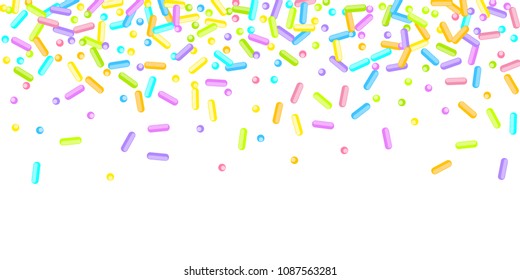 Sprinkles grainy. Sweet confetti on white chocolate glaze background. Cupcake, donuts, dessert, sugar, bakery background. Vector Illustration for holiday designs, party, birthday, wedding invitation.