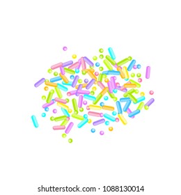 Sprinkles grainy. Sweet confetti on white chocolate glaze background. Cupcake, donuts, dessert, sugar, bakery background. Vector Illustration for holiday designs, party, birthday, wedding invitation.
