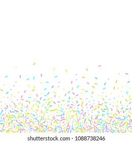 Sprinkles grainy. Sweet confetti on white chocolate glaze background. Cupcake, donuts, dessert, sugar, bakery background. Vector Illustration for holiday designs, party, birthday, wedding invitation.