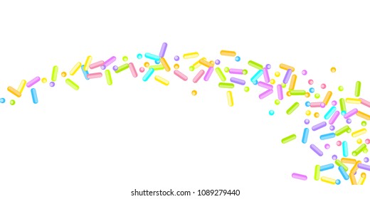 Sprinkles grainy. Sweet confetti on white chocolate glaze background. Cupcake, donuts, dessert, sugar, bakery background. Vector Illustration for holiday designs, party, birthday, wedding invitation.