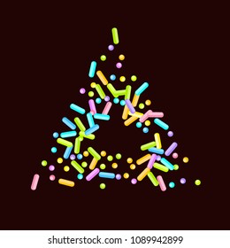 Sprinkles grainy. Sweet confetti on chocolate glaze background. Cupcake, donuts, dessert, sugar, bakery background. Vector Illustration for holiday designs, party, birthday, wedding invitation.